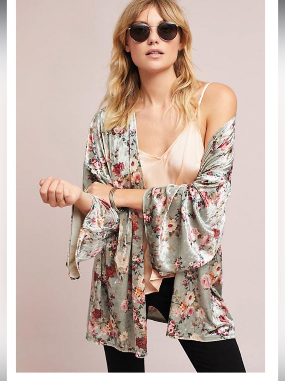 Boho Floral Crush Velvet Kimono Open Duster Cardigan Gray Pink Red Fairycore OS